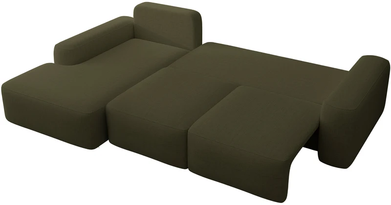 Ecksofa mit Schlaffunktion Carnos, L-förmig, mit Ball, einzelne Kissen, olivgrüner hydrophober Chenille, linksseitig