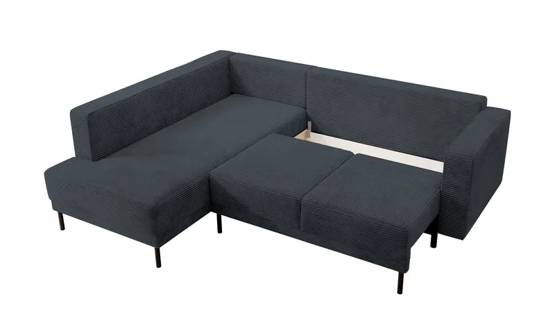 Ecksofa Rodario mit Schlaffunktion und Bettkasten, dunkelgrauer Cord, linksseitig