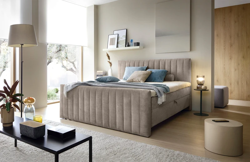 Kontinentalbett Lullabino 160x200 cm mit Stauraum und Topper, grau-beige Cord