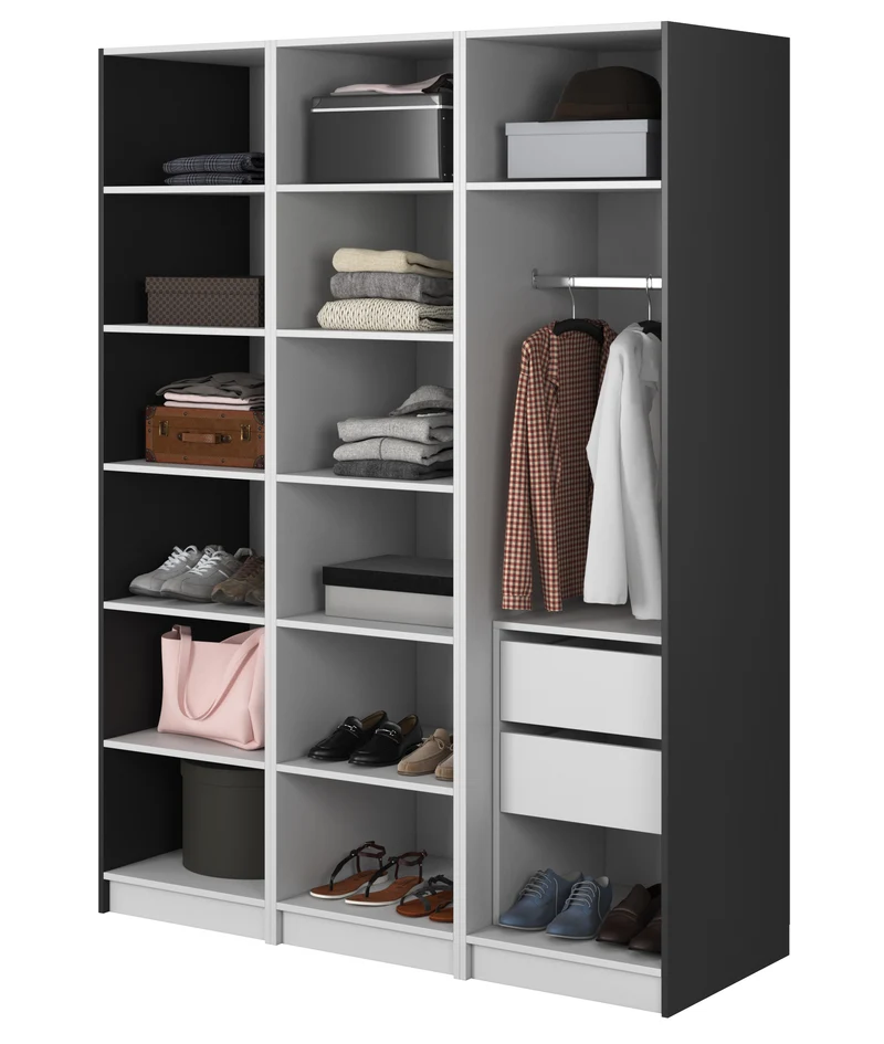 Drehtürenschrank Moonir mit Kleiderstange, Regalen und Container 150 cm Schwarz