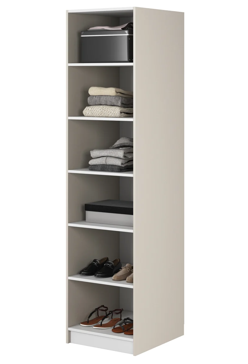 Einschwingiger Schrank Moonir mit 50 cm Regalen Grau Beige