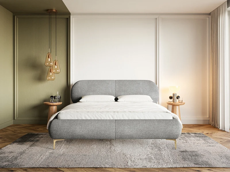 Gepolstertes Bett 160x200 cm Ovalle, grauer Chenille-Stoff, goldene Beine