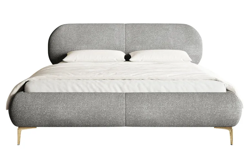 Gepolstertes Bett 160x200 cm Ovalle mit Stauraum, Metallrahmen, grauer Chenille, goldene Beine
