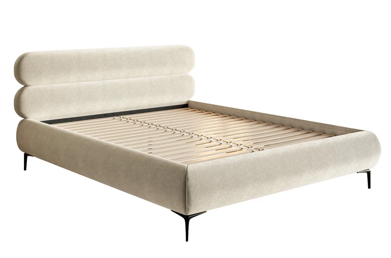 Polsterbett 180x200 cm Roule, cremefarbener Velours, wasserabweisend, schwarze Beine