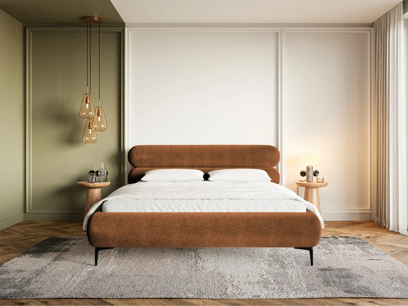 Polsterbett 180x200 cm Roule kupferfarbener Samt, wasserabweisend, schwarze Beine
