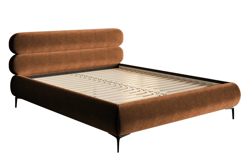 Polsterbett 180x200 cm Roule kupferfarbener Samt, wasserabweisend, schwarze Beine