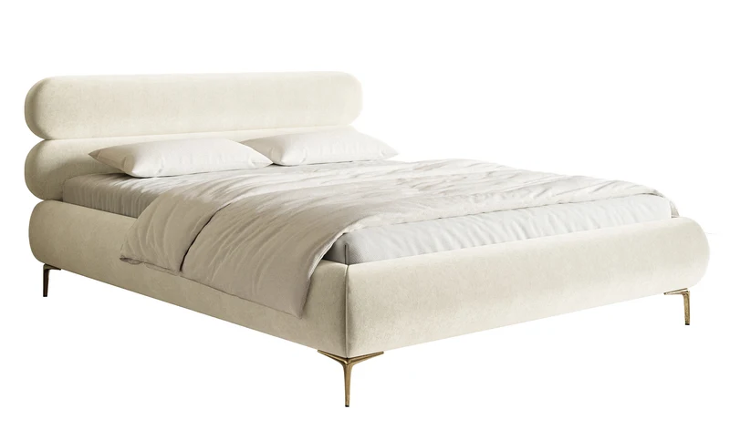 Polsterbett 140x200 cm Roule mit Stauraum, Metallrahmen, cremefarbener, wasserabweisender Samt, goldene Beine