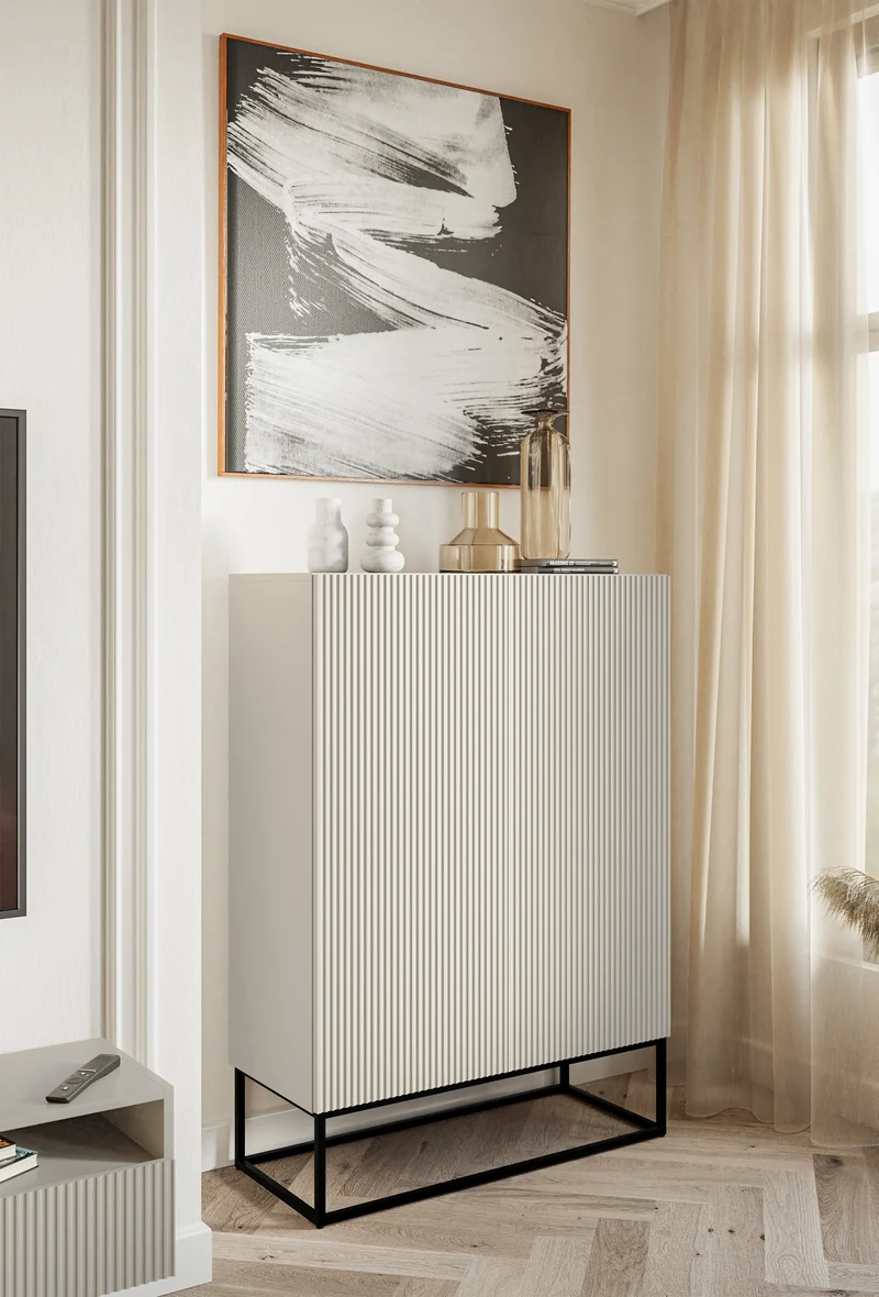 Zweiturige Kommode Veldio mit gefräster Front 90 cm Grau-Beige mit schwarzen Beinen