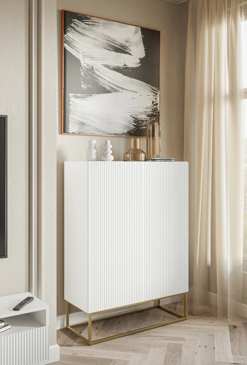 Zweiturige Kommode Veldio mit gefräster Front 90 cm Grau-Beige mit goldenen Beinen