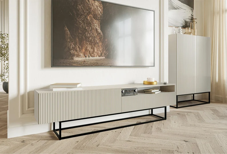 TV-Schrank Veldio mit gefräster Front und Nische, 175 cm, Grau-Beige mit schwarzen Beinen