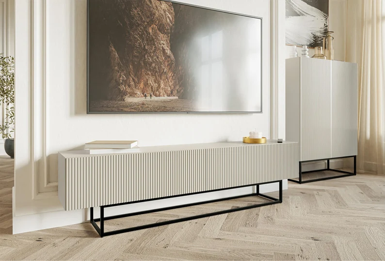 TV-Schrank Veldio mit gefräster Front 175 cm Grau-Beige mit schwarzen Beinen