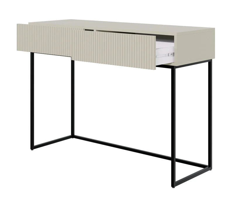 Schminktisch Veldio mit gefräster Front und zwei Schubladen, 110 cm, Grau-Beige mit schwarzen Beinen