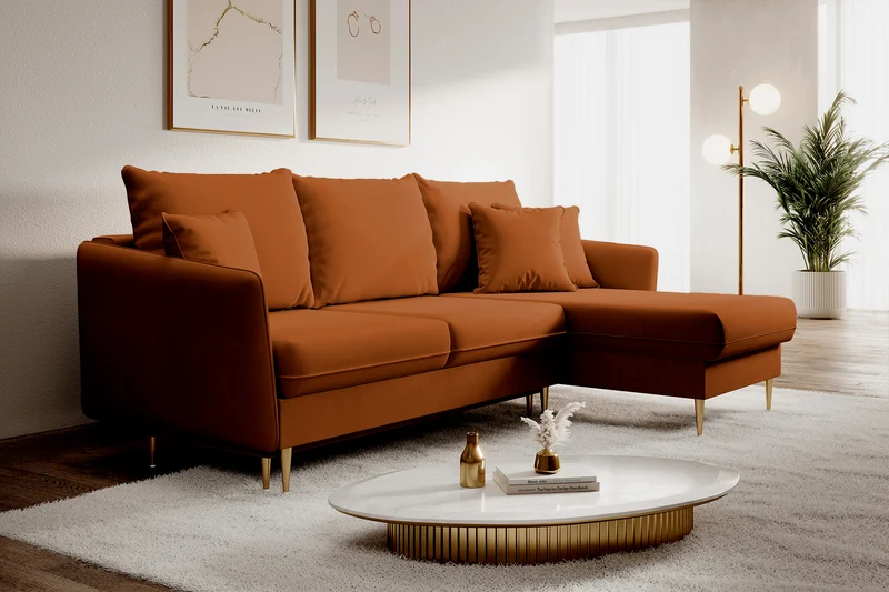 Ecksofa mit Schlafunktion Volio, kupferfarbener wasserabweisender Samt, universell, goldene Beine