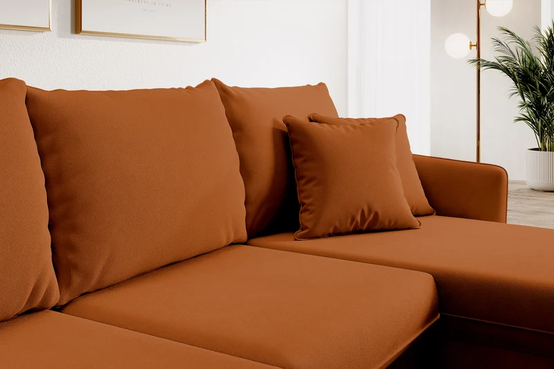 Ecksofa mit Schlafunktion Volio, kupferfarbener wasserabweisender Samt, universell, goldene Beine