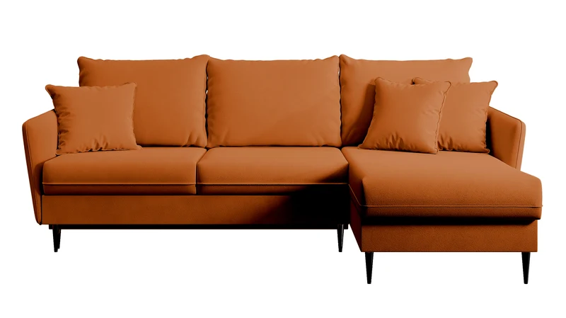 Ecksofa mit Schlaffunktion Volio, kupferfarbener wasserabweisender Samt, universell, schwarze Beine