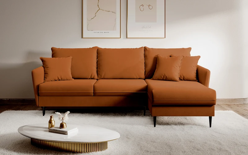 Ecksofa mit Schlaffunktion Volio, kupferfarbener wasserabweisender Samt, universell, schwarze Beine