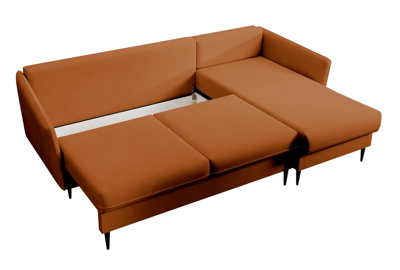 Ecksofa mit Schlaffunktion Volio, kupferfarbener wasserabweisender Samt, universell, schwarze Beine