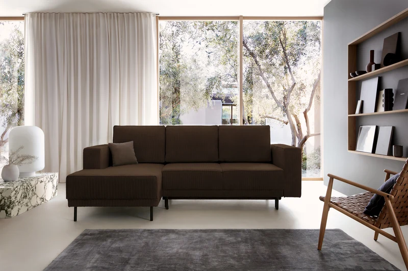 Ecksofa mit Schlaffunktion Rodario Mini, L-förmig, mit Stauraum, dunkelbrauner Cord, linksseitig