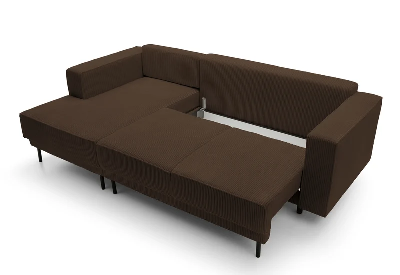 Ecksofa mit Schlaffunktion Rodario Mini, L-förmig, mit Stauraum, dunkelbrauner Cord, linksseitig