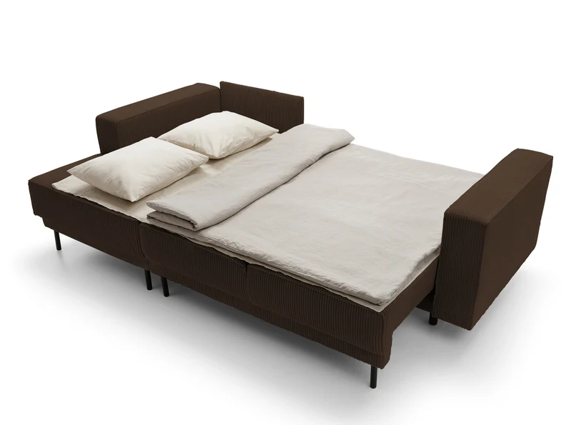 Ecksofa mit Schlaffunktion Rodario Mini, L-förmig, mit Stauraum, dunkelbrauner Cord, linksseitig