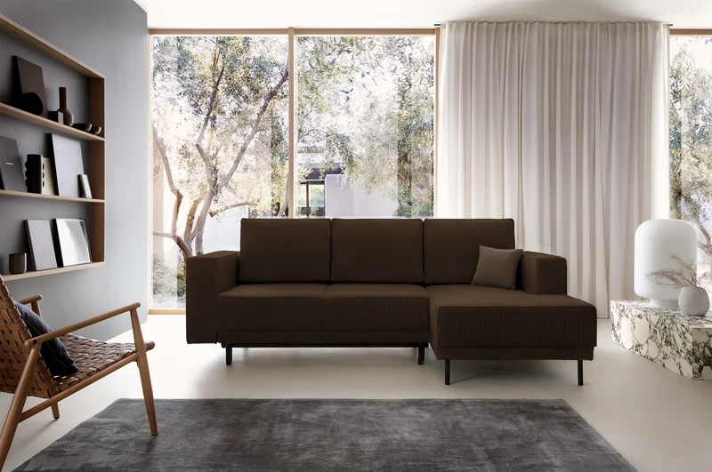 Ecksofa mit Schlaffunktion Rodario Mini, L-förmig, mit Stauraum, dunkelbrauner Cordstoff, rechtsseitig
