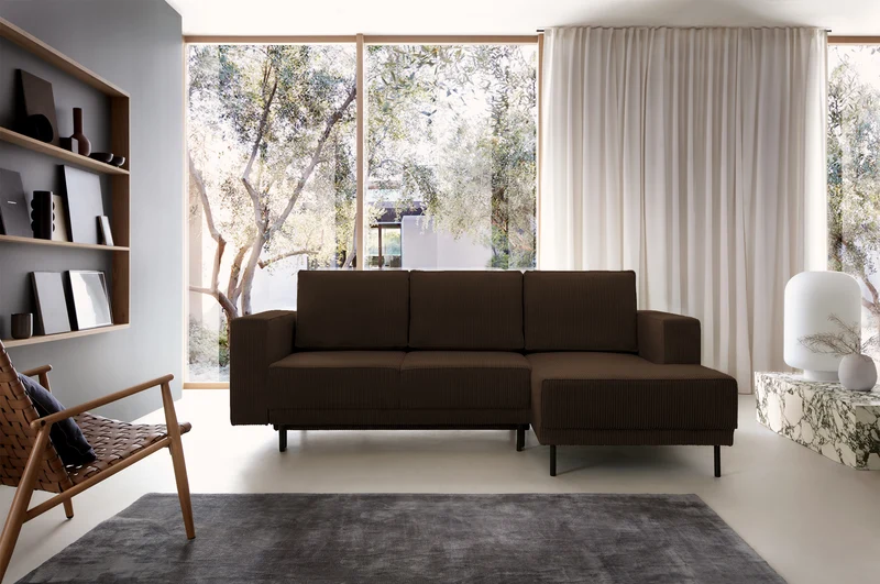 Ecksofa mit Schlaffunktion Rodario Mini, L-förmig, mit Stauraum, dunkelbrauner Cordstoff, rechtsseitig