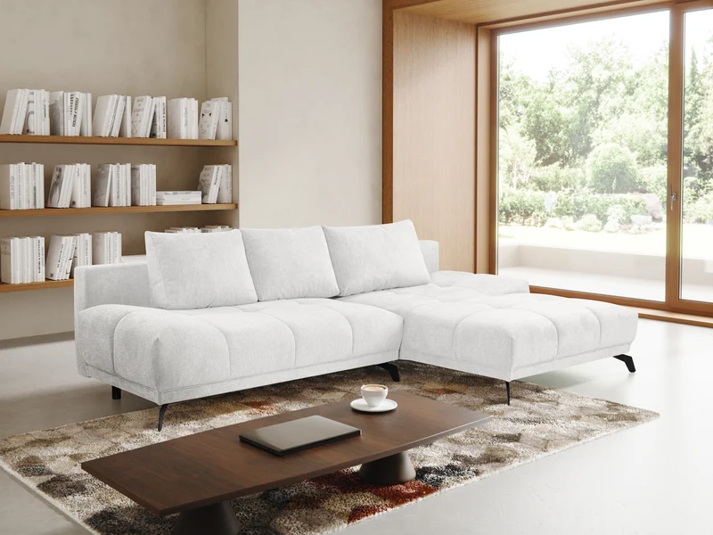 Ecksofa mit Schlaffunktion Felipe, L-förmig, rechtsseitig, mit Stauraum, weißer hydrophober Chenille-Stoff
