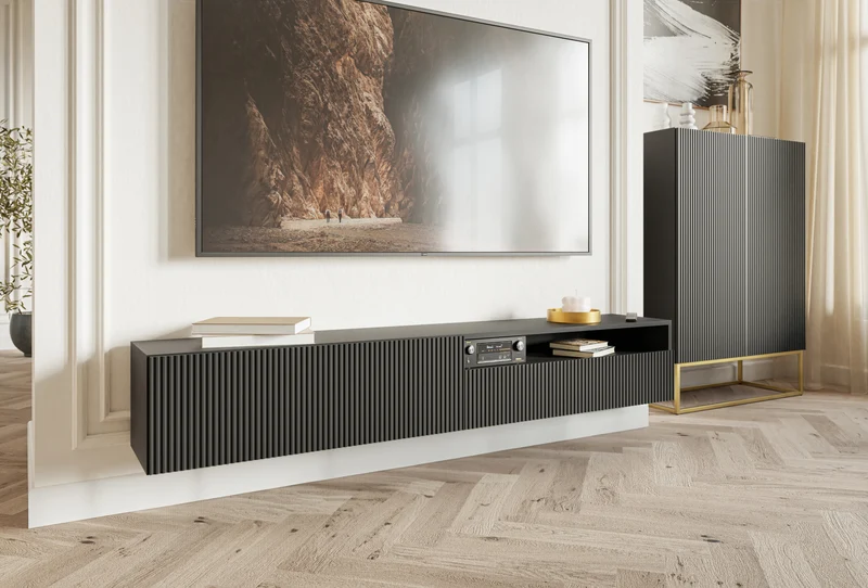 TV-Schrank Veldio mit gefräster Front und Nische, 175 cm, schwarze Wandmontage