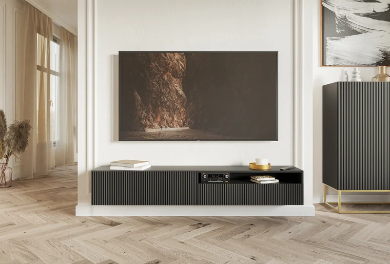 TV-Schrank Veldio mit gefräster Front und Nische, 175 cm, schwarze Wandmontage