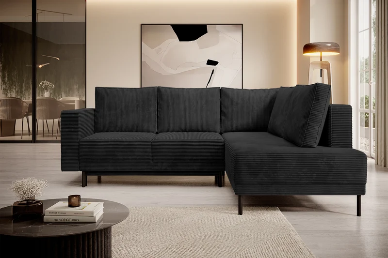Ecksofa Rodario mit Schlafunktion und Bettkasten, schwarzer Cord, rechtsseitig