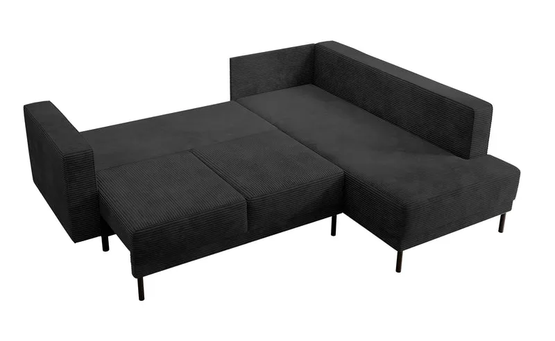 Ecksofa Rodario mit Schlafunktion und Bettkasten, schwarzer Cord, rechtsseitig