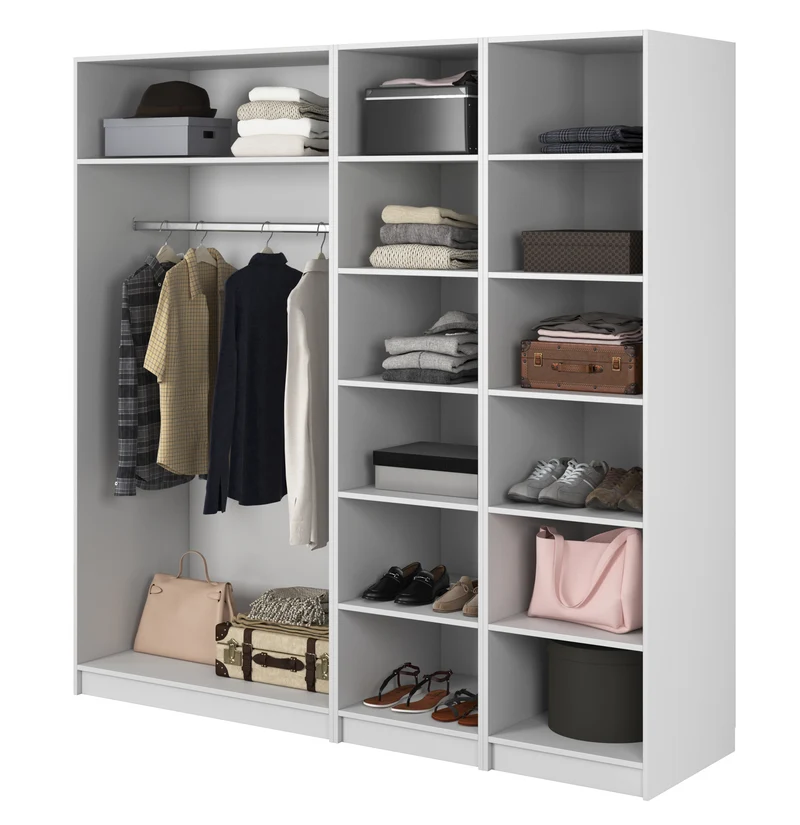 Vier­türiger Schrank Frame mit Kleiderstange und Regalen, 200 cm, Weiß