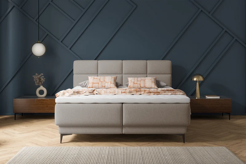 Kontinentales Bett 140x200 cm Rektango mit Stauraum und Topper, beiger Samt