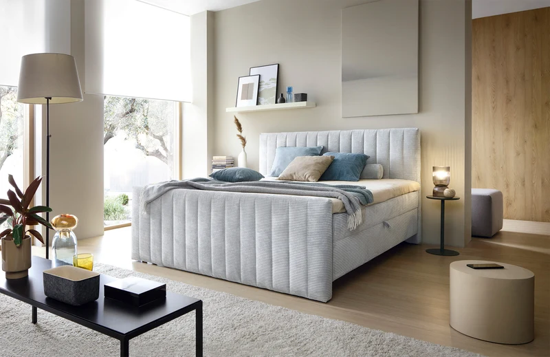 Kontinentalbett Lullabino 180x200 cm mit Stauraum und Topper, hellgrauer Cordstoff