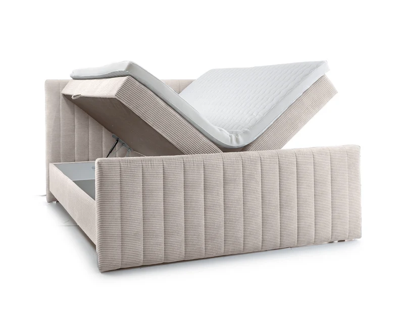 Kontinentales Bett Lullabino 180x200 cm mit Stauraum und Topper, hellbeige Cord