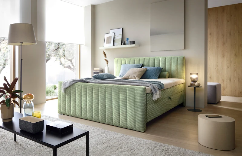 Kontinentales Bett Lullabino 180x200 cm mit Stauraum und Topper, salbeigrüner Cordstoff