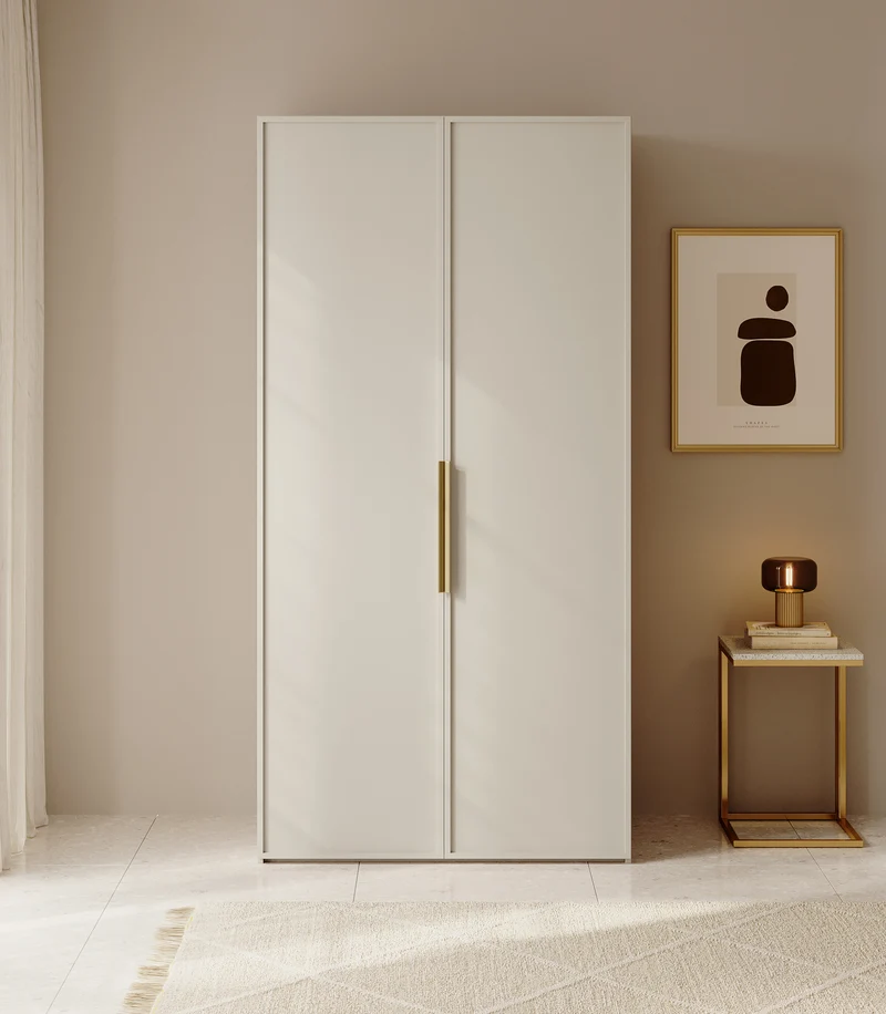 Zweiflügeliger Kleiderschrank Frame mit Kleiderstange und Regalen 100 cm Grau-Beige