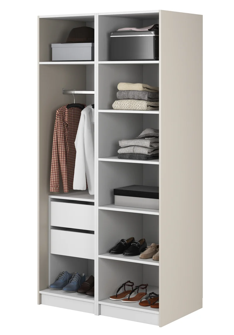 Zweiflügeliger Kleiderschrank Moonir mit Kleiderstange, Regalen und Container 100 cm Grau-Beige