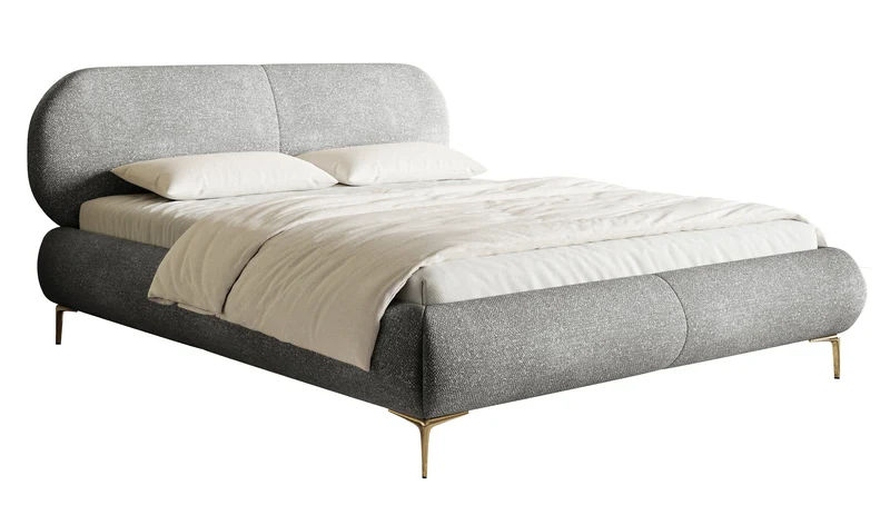 Gepolstertes Bett 160x200 cm Ovalle, grauer Chenille-Stoff, goldene Beine