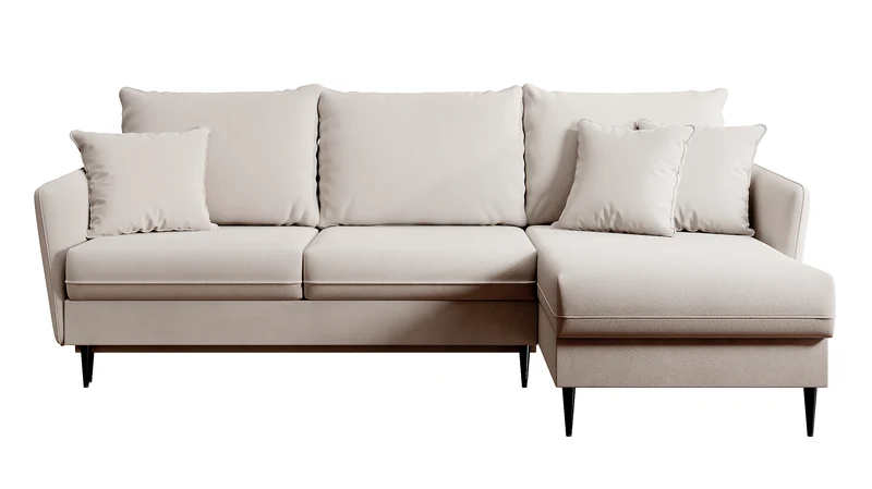 Ecksofa mit Schlaffunktion Volio, beige Samt, wasserabweisend, schwarze Beine