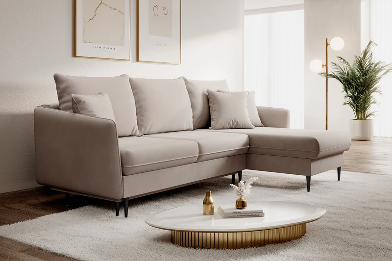 Ecksofa mit Schlaffunktion Volio, beige Samt, wasserabweisend, schwarze Beine