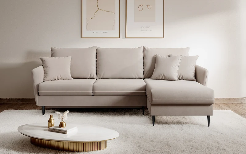 Ecksofa mit Schlaffunktion Volio, beige Samt, wasserabweisend, schwarze Beine