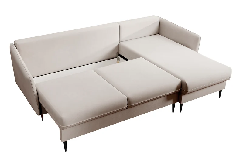 Ecksofa mit Schlaffunktion Volio, beige Samt, wasserabweisend, schwarze Beine
