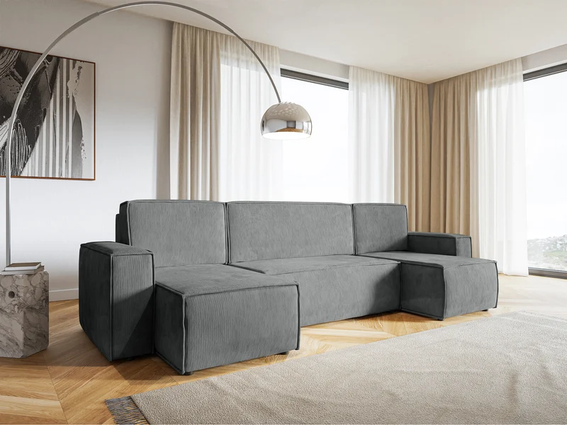 Ecksofa mit Schlaffunktion Copertino U-förmig mit Stauraum, universell, aschgrauer Cordstoff
