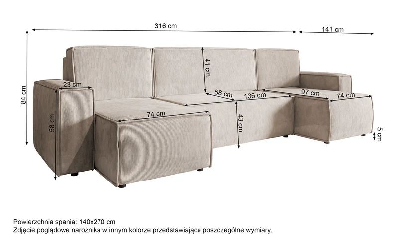Ecksofa mit Schlaffunktion Copertino U-förmig mit Stauraum, universell, sandfarbener Cordstoff
