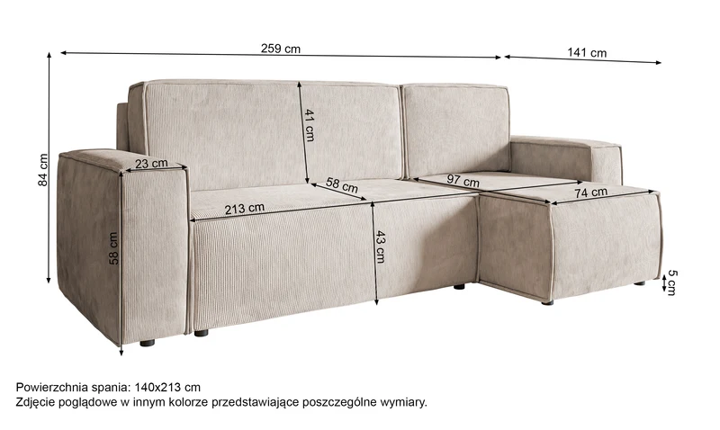 Ecksofa mit Schlaf-Funktion Copertino, L-förmig, mit Stauraum, universell, sandfarben, Cordstoff
