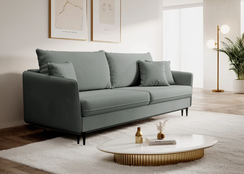 Dreisitziges ausklappbares Sofa Volio, grau, Velours, wasserabweisend, schwarze Beine