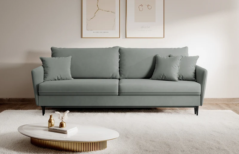 Dreisitziges ausklappbares Sofa Volio, grau, Velours, wasserabweisend, schwarze Beine