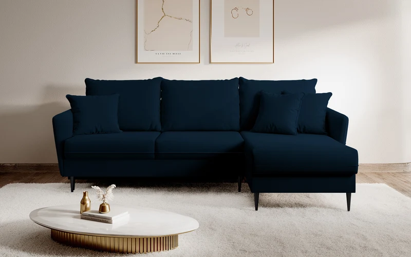 Ecksofa mit Schlaffunktion Volio, samtblau, wasserabweisend, schwarze Beine