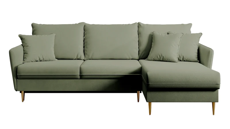 Ecksofa mit Schlaffunktion Volio, salbeigrüner wasserabweisender Samt, universell, goldene Beine